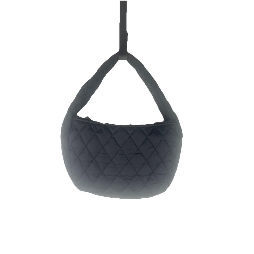 Black Quilted Puffer Shoulder Bag Nylon Crescent Soft Hobo Trendy Minimalist - Picture 3 of 4